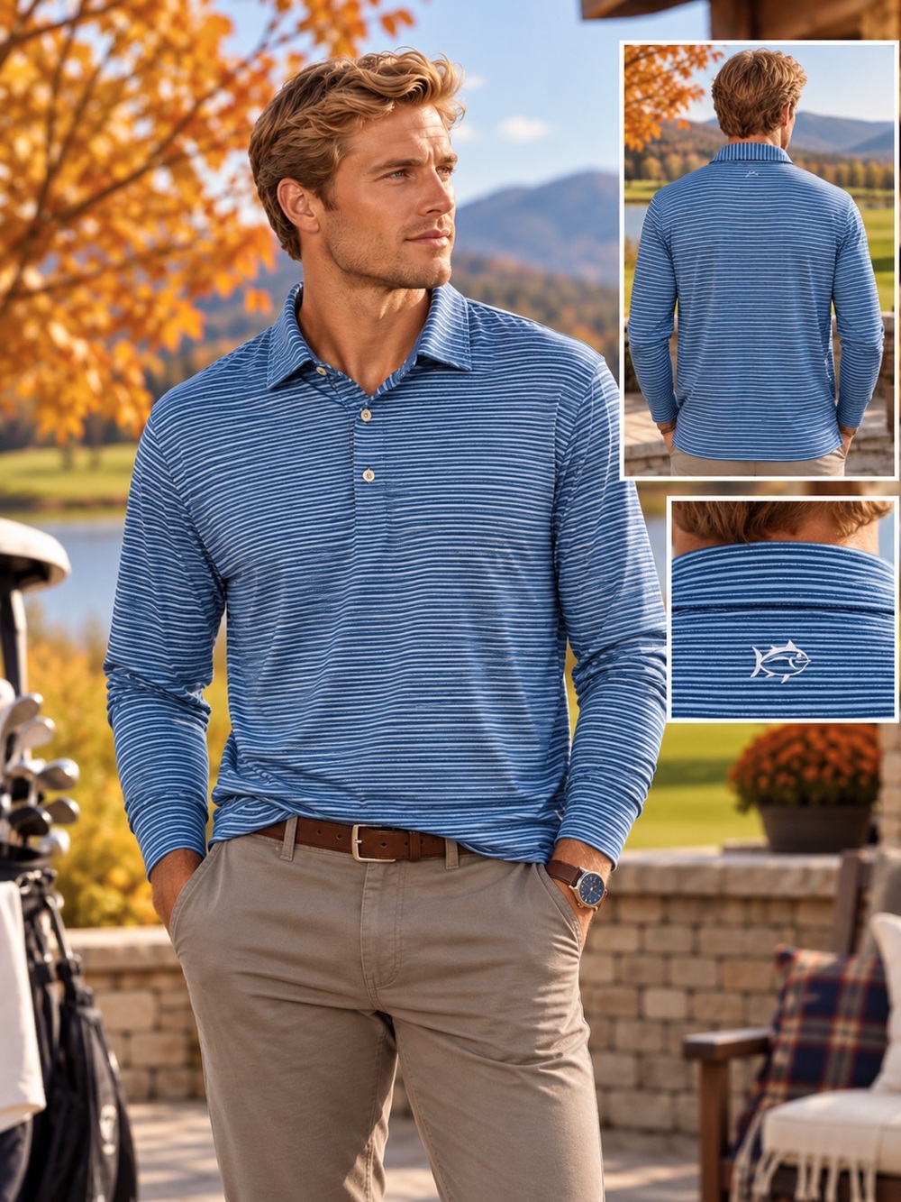 Southern Tide Men’s XL Long Sleeve Performance Golf Polo Blue Striped